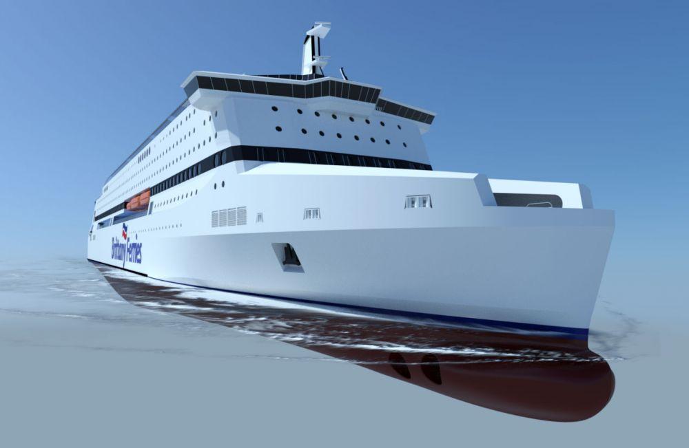 Vue d'artiste du projet Pegasis, un car-ferry de 210 mètres de long destiné à remplacer Pont-Aven à compter du printemps 2017.